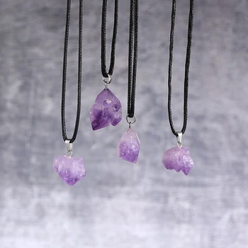 

Asymmetry Natural Stone Pendant Necklace Fashion Purple Crystal Rock Necklace 18" Wax Line Chain Necklace Jewelry Gift For Women