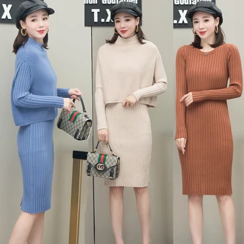 

2020 New Two Piece Set Dress and Vest Women Autumn/Winter Long Pullover Sweater Female Slim Thick Warm Knitted Shawl Knitwear