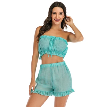 

2020 Fashion Summer Casual Strapless Tops and Shorts Set for Women Clothing Set Two Pieces Tracksuit Drawstring Suit Female sets