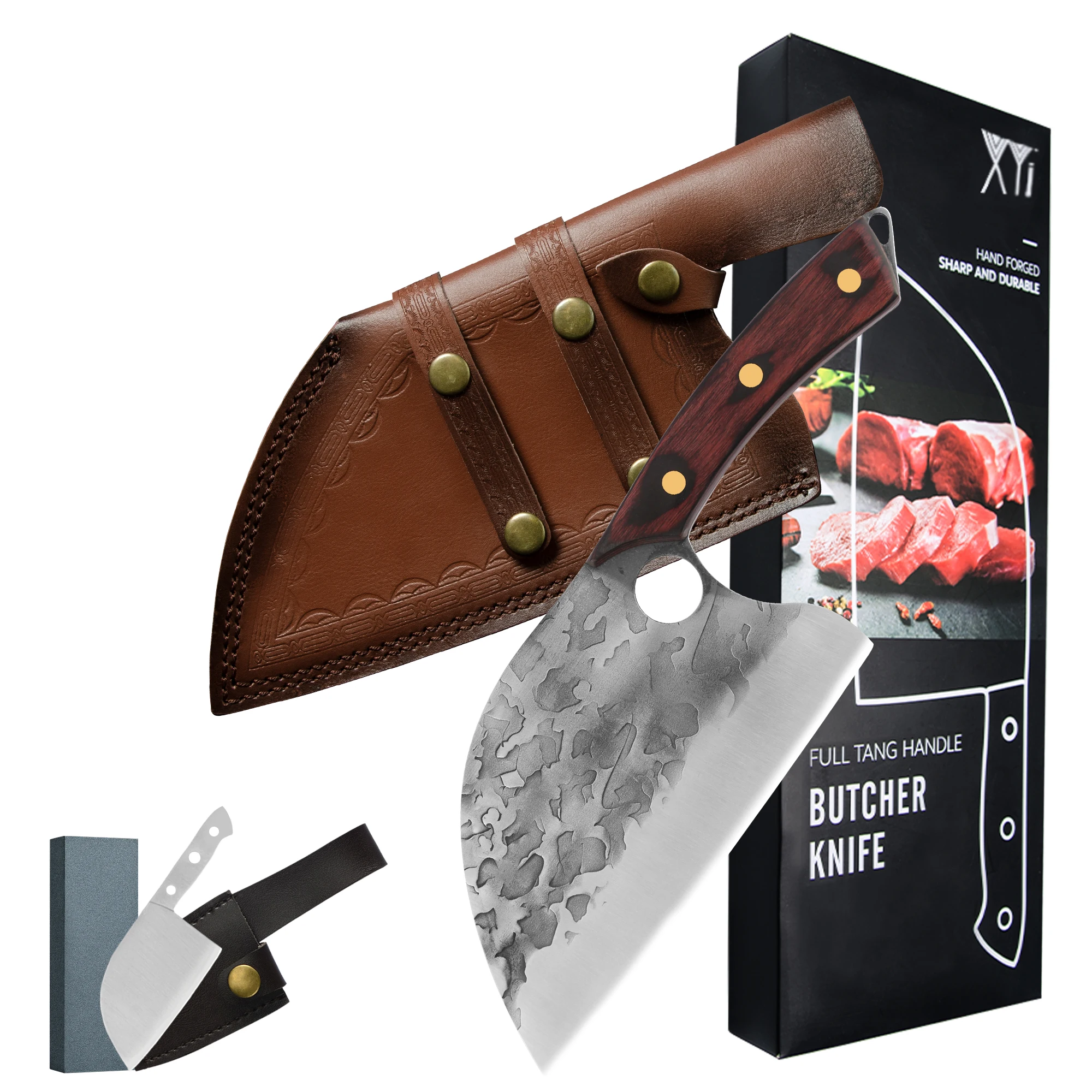 XYJ Full Tang Meat Cleaver With Leather Sheath 7 Inch Chopping Knife Mini Whetstone for Outdoor | Дом и сад