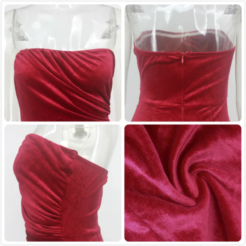 PFFLOOK Velvet Split Sexy Party Dress women Off Shoulder Strapless Maxi Long Dress Bodycon Female Elegant Club Vestidos