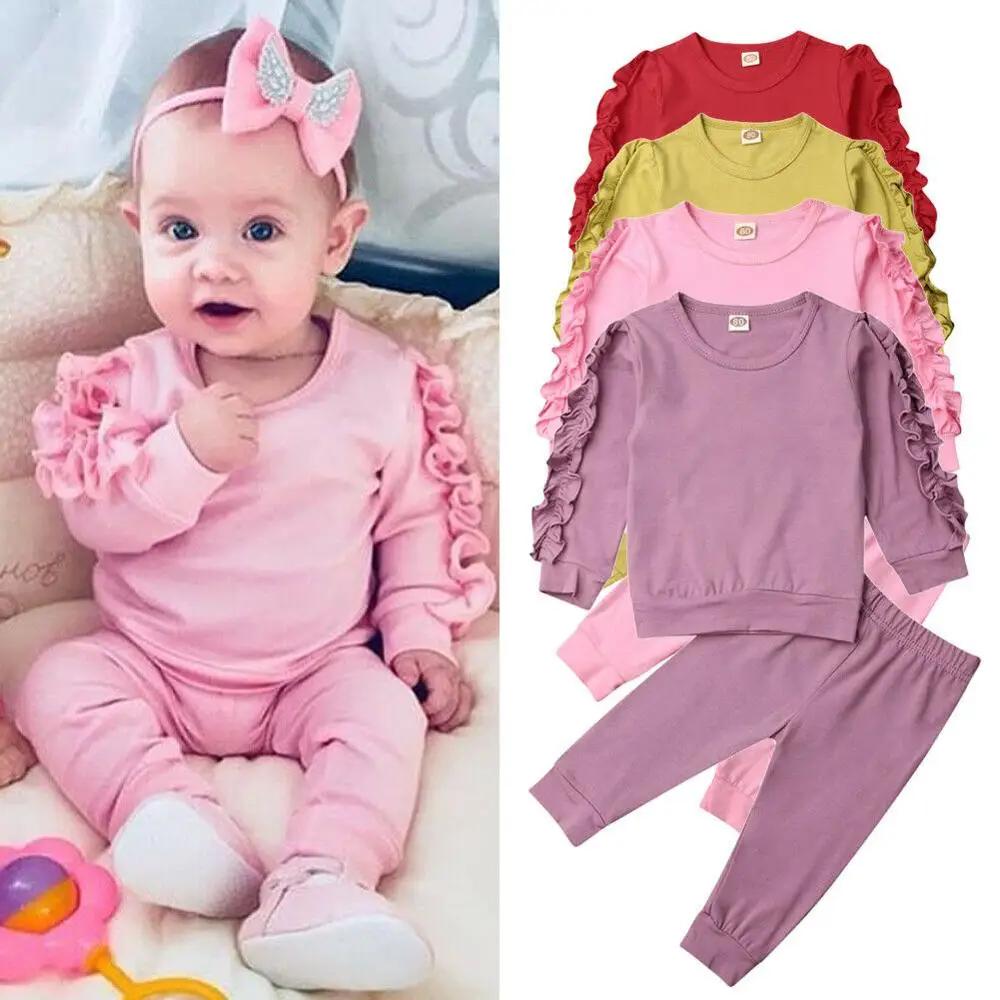Newborn Autumn Winter Clothing Baby Girls Sleep Clothes Set Ruffle Long Sleeve Sweatshirt T Shirt Pants 2Pcs Outfits Sleepers baby sleepwear baby girl outfits
