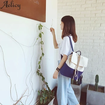

Aelicy Multifunction Canvas Shopping Bag Canvas Backpack Retro Sen Shoulders Solid Color Stitching Student Bag Travel Backpack