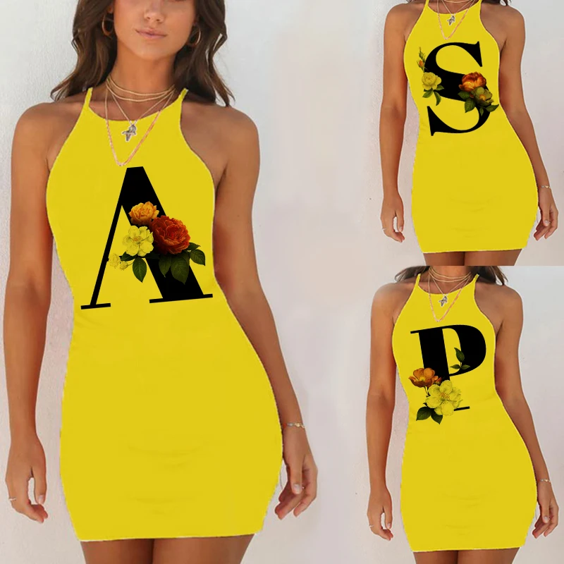 Sexy Nightwear Sleepwear Nightgown Night Shirts Summer Women 26 English Alphabet Print Pack Hip Nightie Yellow Night Dress women nightgowns women nightdresses sleeping dress