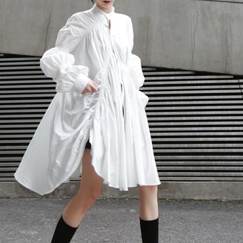 

Womens Irregular Pleated Lantern Sleeves Large Swing Shirt Loose Oversize Black White