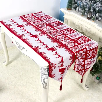 

Printed Table Runner Christmas Elk Snowflake Dining Tablecloth Red Table Cloth Cover Flag Christmas Decorations