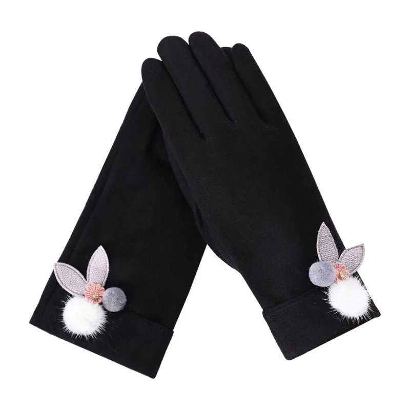 Осенние и зимние плюшевые перчатки, теплые ветрозащитные эластичные перчатки с сенсорным экраном, украшение из меха, 6 цветов, Новинка - Цвет: black
