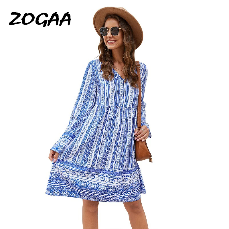 Женское пляжное платье в полоску ZOGAA прямое с V образным вырезом и высокой талией