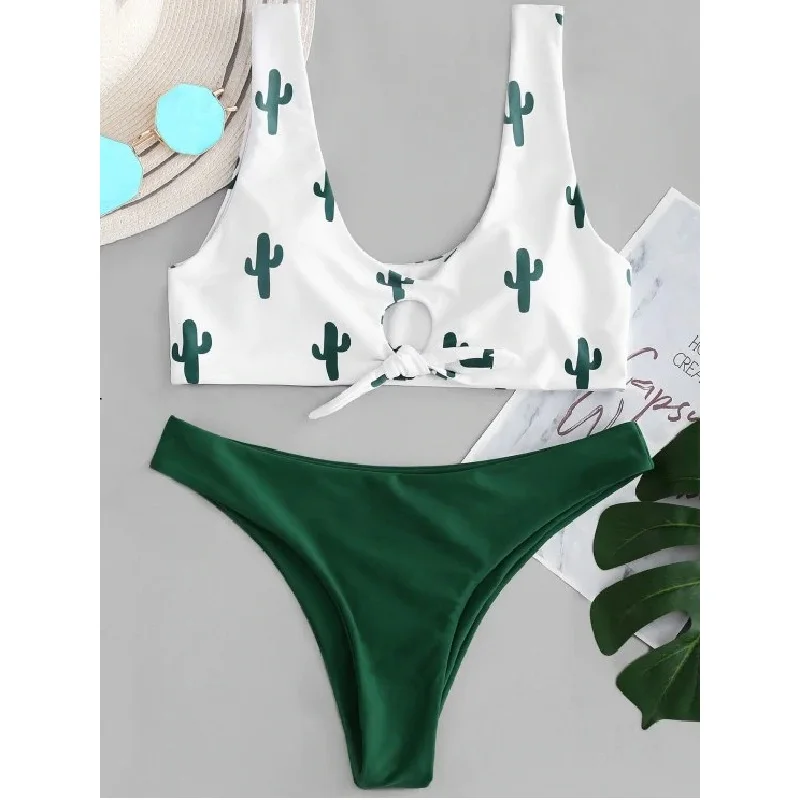 

New Bikini 2019 Sexy Swimsuit Female Bow Print Cactus Brazilian Monokini Swimwear Women Bathing Suit Swimming Free Shipping
