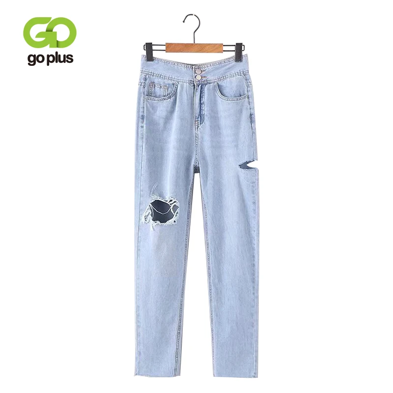 

GOPLUS Korean Style Women Ripped Jeans Boyfrinds Femme Mom Jeans with High Waist Streetwear Denim Harem Pants Spodnie Damskie