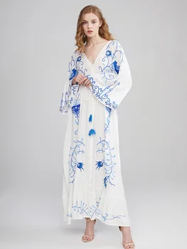 

Summer new ethnic tourism holiday dress Bohemia Island Beach Dress loose large embroidery V-Neck long dress