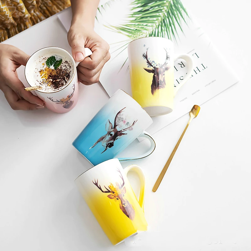 Originality Cartoon Animal Ceramics Gradual Change Coffee Mug Pattern Deer Cup Bring Spoon Office Afternoon Tea Teacup | Дом и сад