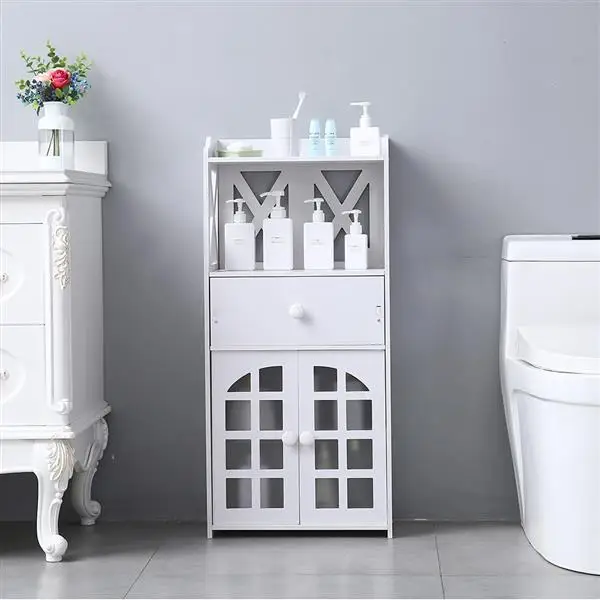 

Bathroom Storage Rack Living Room Stand Shelf White Storage Double Door Compartment With Drawer Shelf PVC