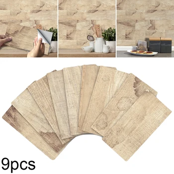 

9pcs Wood Grain Tile Wall Stickers Decal DIY Kitchen Hearth Decors Waterproof