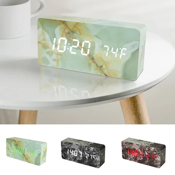

Marble Pattern LED Wooden Alarm Clock Sound Control For Bedroom Bedside Time/Date/Temperature Display Desk Tools