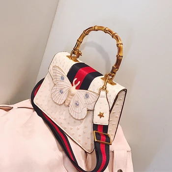 

2019 fashion new women's bag shoulder bag Messenger bag bamboo handbag big butterfly ribbon small square bag