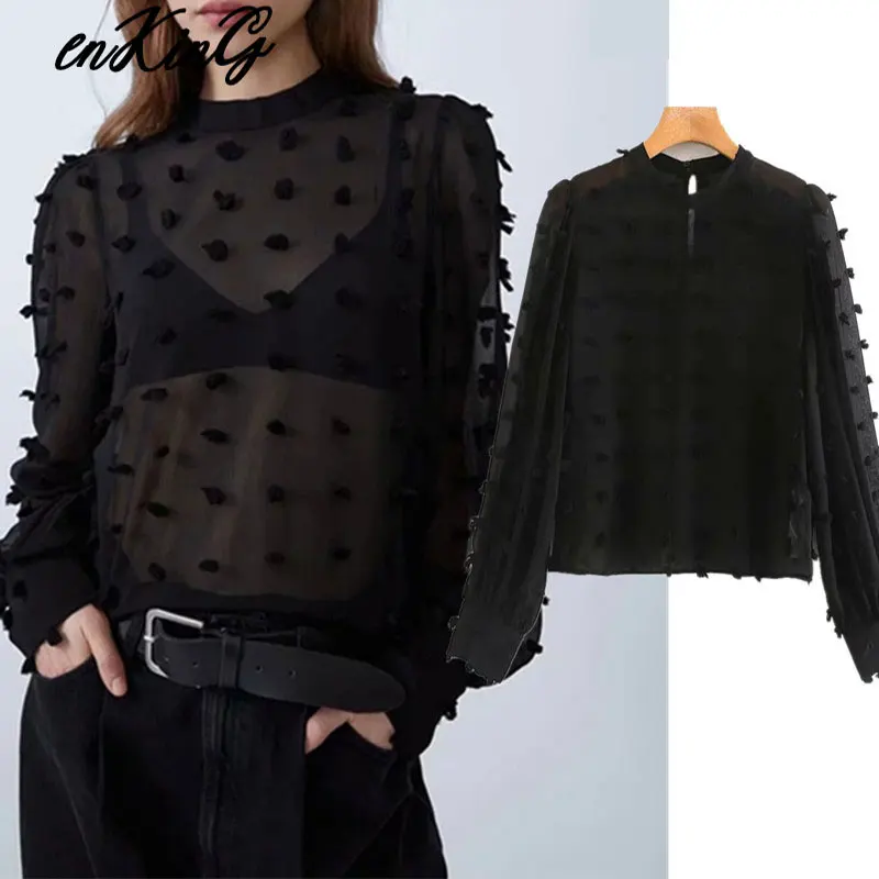 

2019 women chic transparent za blouse long sleeve O neck see through female black sexy stylish casual tops blusas