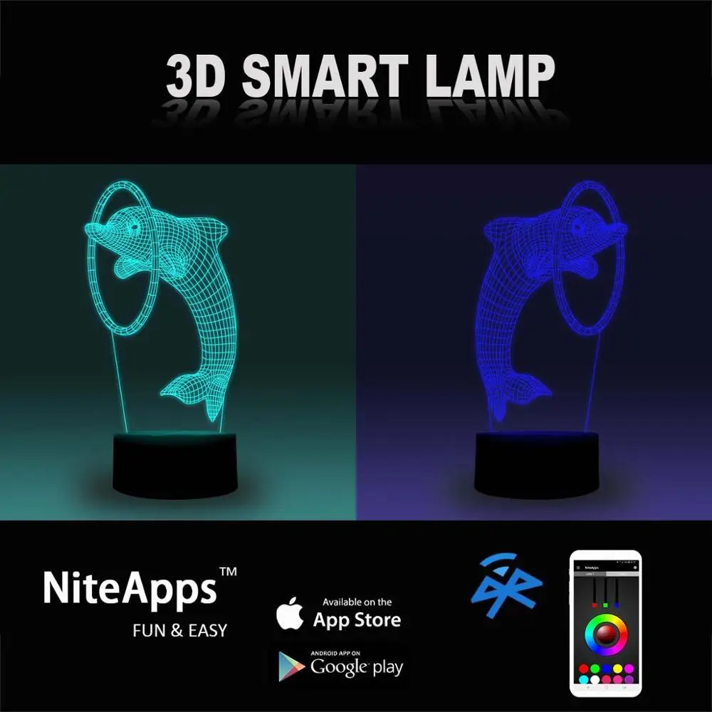 NiteApps 3D прыжки Дельфин ночник настольная Иллюзия украшение лампа подарок на день рождения приложение/сенсорный контроль