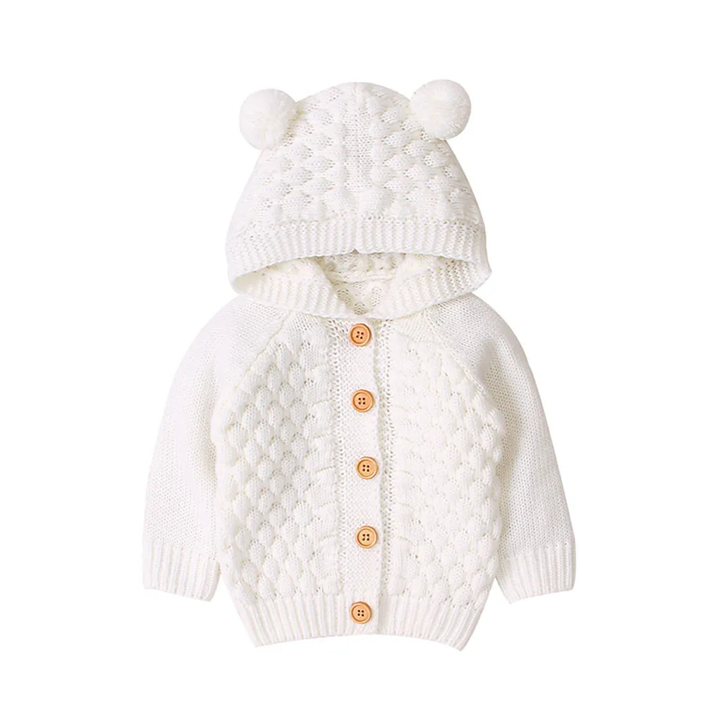 TELOTUNY, новая милая Одежда для новорожденных свитер с капюшоном и ушками для маленьких мальчиков и девочек однотонное Вязаное детское зимнее теплое пальто на пуговицах верхняя одежда 1104