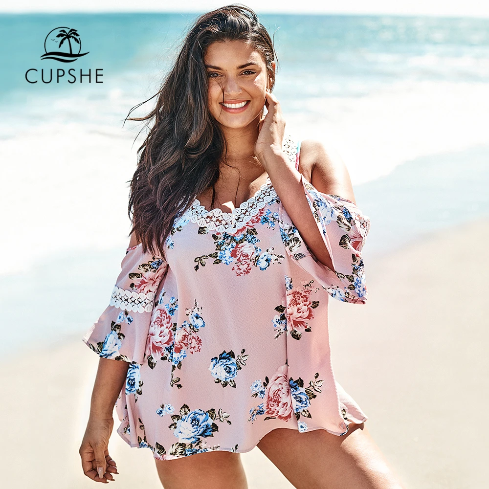 

CUPSHE Plus Size Floral Cold Shoulder Cover Up Women Sexy Lace Large Size Tunic Beach Dress 2019 Summer Bathing Suit Beachwear