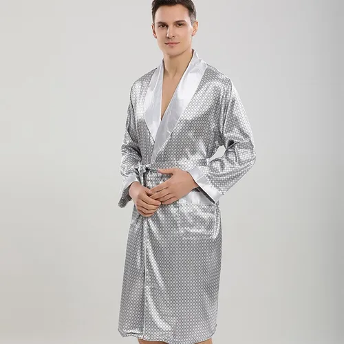 남자 로브 세트 새틴 기모노 가운 남성 잠옷 목욕 가운 가짜 실크 2PCS 로브 & 반바지 정장 캐주얼 Nightwear 라운지 착용 Homewear 5