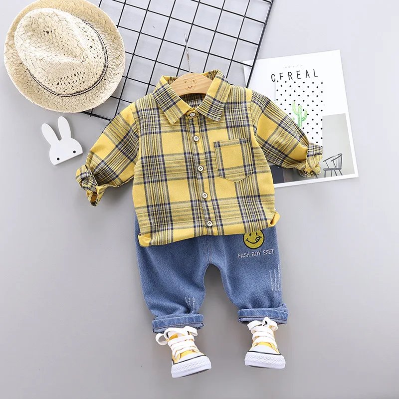 Autumn Baby Boys Plaid Long Sleeve Shirts+ Denim Jeans Trousers Smiling Face 2Pcs Suits Children Kids Casual Clothing Sets
