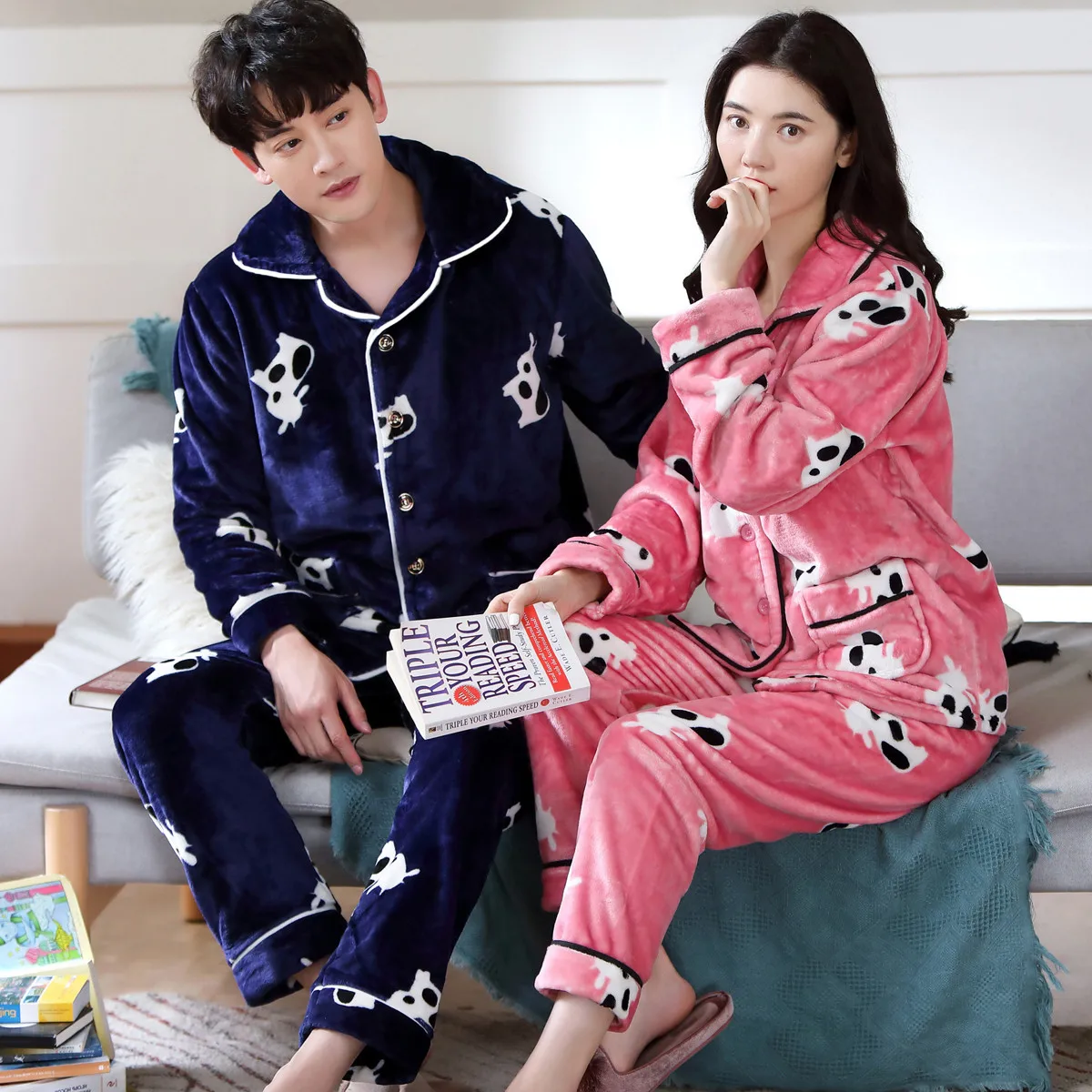 Autumn Winter Coral Velvet Couple Pajamas Set V-Neck Plus Size Home Service Suit Casual Women Flannel White Sleepwear Nightwear silk pajamas