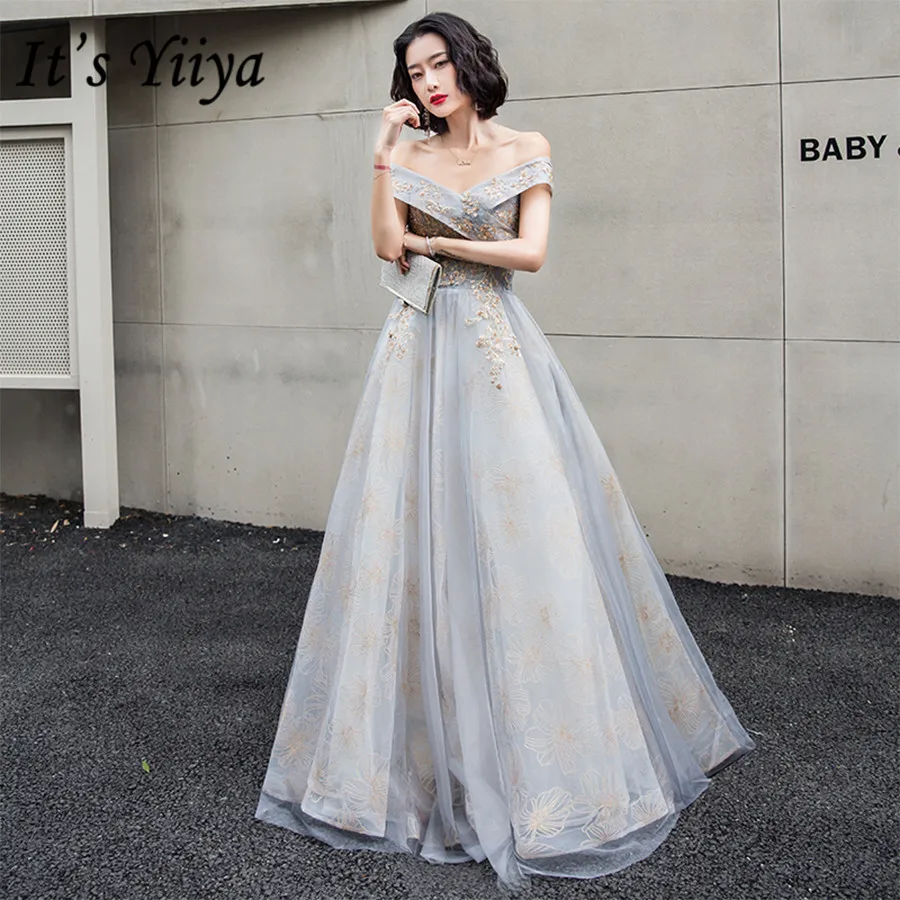

It's Yiiya Evening Dresses Off The Shoulder Formal Dress 2020 Plus Size Gold Beading Crystal Boat Neck robe de soiree E1395