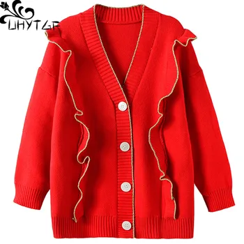 

UHYTGF Knitted cardigan women autumn sweater coat fashion Gold silk ear Single-breasted Knit female sweaters coats Plus size 252