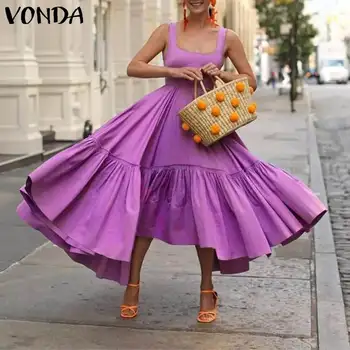 

S-5XL Party Dress Women Sexy Square Collar Sleeveless Dress Plus Size Vestidos VONDA 2020 Summer Bohemian Beach Sundress