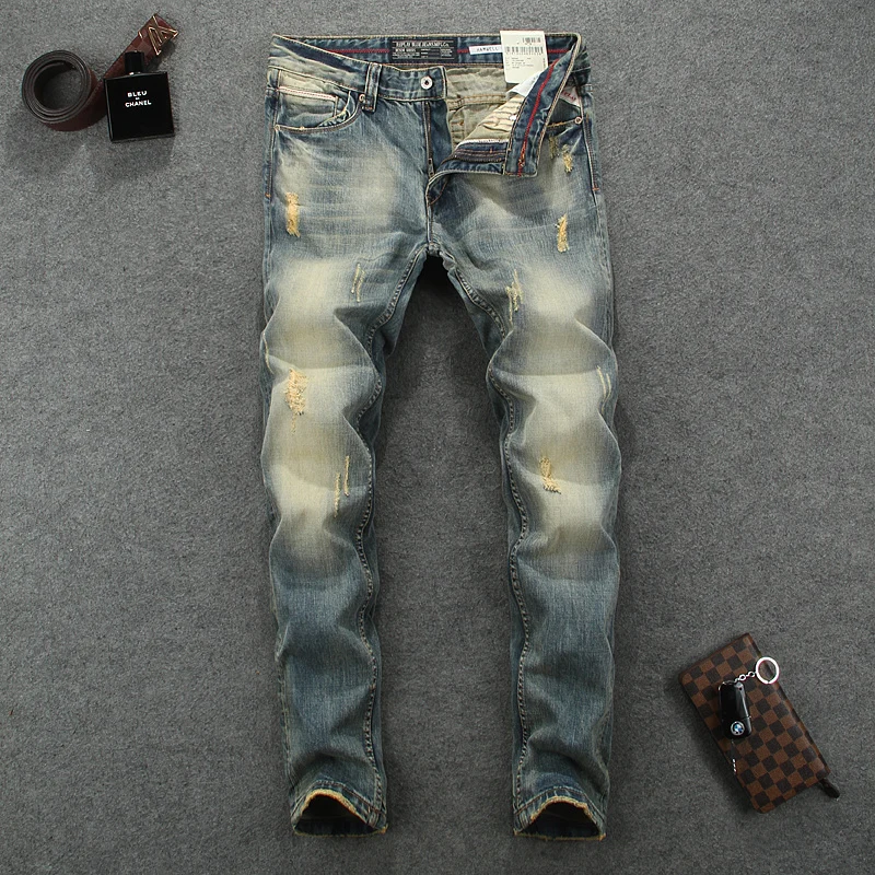 

Italian Style Fashion Men Jeans Retro Yellow Slim Fit Ripped Jeans Men Denim Pants High Quality Vintage Designer Jeans Homme