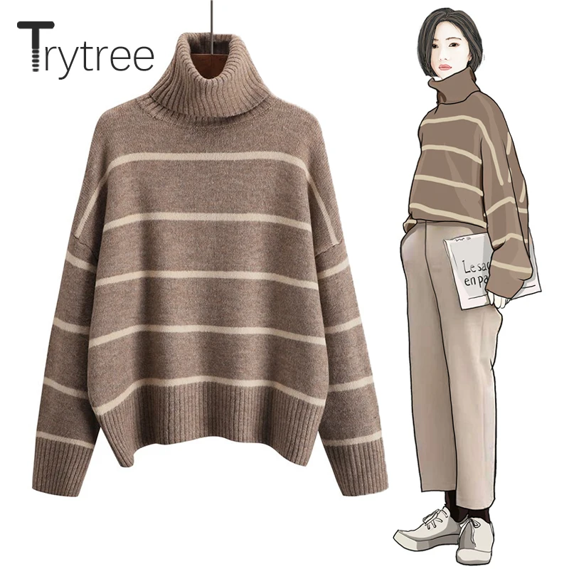 

Trytree Autumn Winter Women Casual Sweater 3 Colour Turtleneck Computer Knitted Striped Pullovers Loose Office Lady Sweater Top
