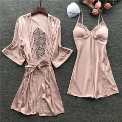 Spring New Sexy Camisole Pajamas Woman Robe Set Ice Silk Long Sleeve Pajamas 2 Pcs Hollow Fashion Sleepwear