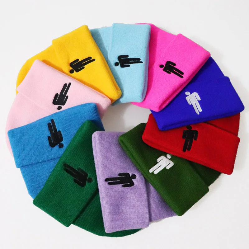 Зимняя вязаная шапка Billie Eilish с вышивкой, теплые шапки для женщин и мужчин, одноцветные, в стиле хип-хоп, повседневные, с манжетами, вязаные шапки Bonnetball