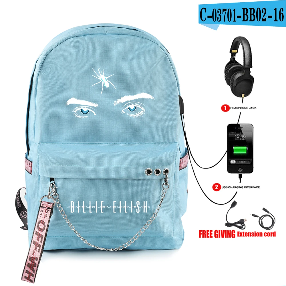 Billie Eilish print New vogue Backpack Teenager Boy/girl School Bags Waterproof Oxford USB Charger Women/Men Backpack School Bag - Цвет: picture color