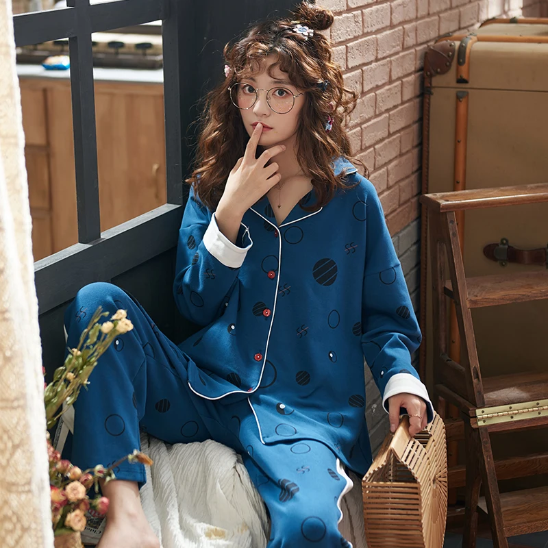 

Perfering Cotton Two Piece Set Casual Sleepwear Women Loungewear Plus Size Pajamas Pyjamas Set Long Sleeve Female Sleep Home Wear Ladies Underwear