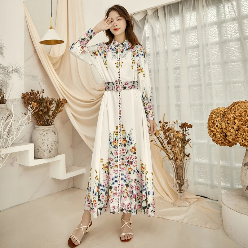 Video video posed long skirt autumn new palace aristocratic temperament lantern sleeve with waist print dress