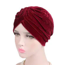 

New Fashion Muslim Hats Solid Color Casual Double Stretch Velvet Turban Headwrap Turban Hat Women Gold Velvet Hijab Headwear