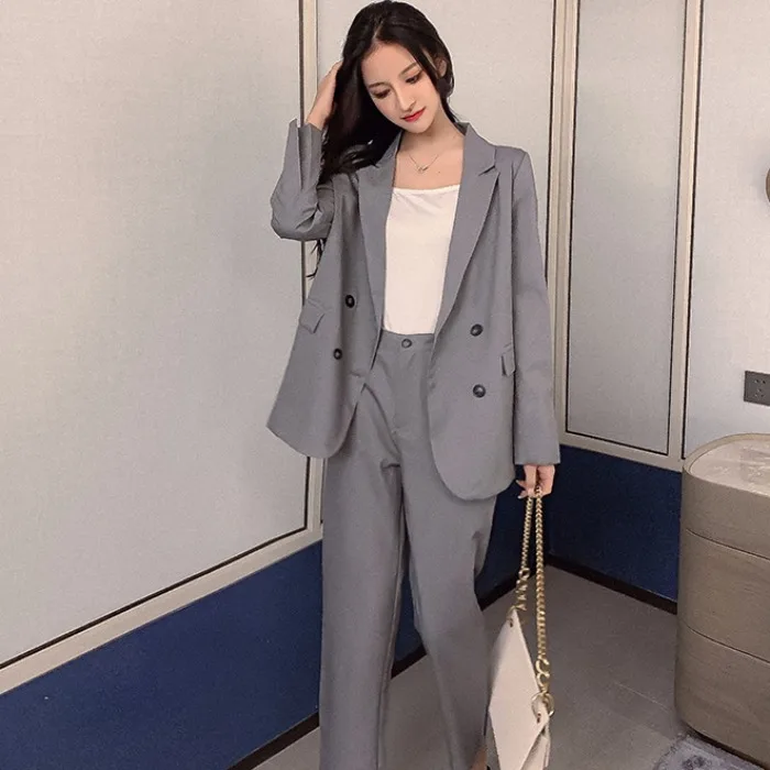 

2019 Women Suit Gray Double Breasted Long Casual Blazer Jacket+Button Pencil Pant 2 Piece Set Korean Autumn Ladies Work Wear