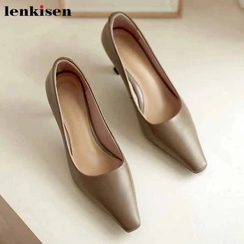 

Lenkisen solid soft genuine leather small square toe high heels slip on fashion women spring daily wear elegant basic pumps L82