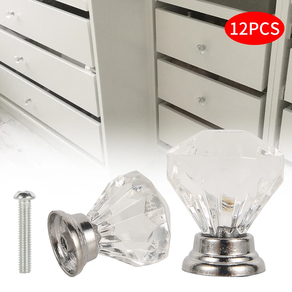 

12Pcs Luxury Diamond Crystal Door Knob Cabinet Handles Wardrobe Glass Knobs Kitchen Cabinet Door Handles Hardware Accessories