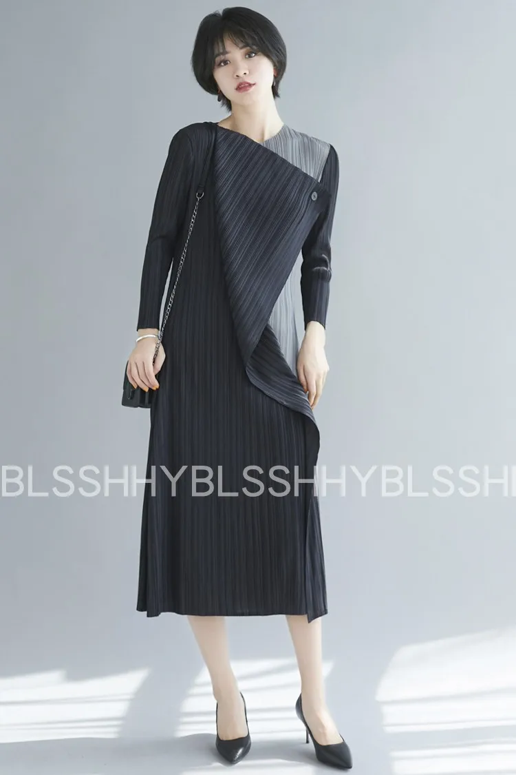 Changpleat осенние новые женские платья Miyak Плиссированное модное дизайнерское цветное платье на одной пуговице тонкое большое эластичное женское платье