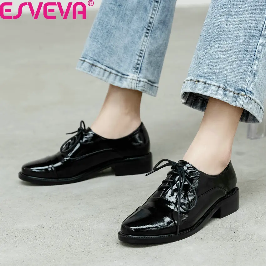 

ESVEVA 2020 Lace Up Patchwork PU Leather Flock Women Pumps Round Toe Spring Autumn Square Heel Ladies Single Shoes Size 34-43