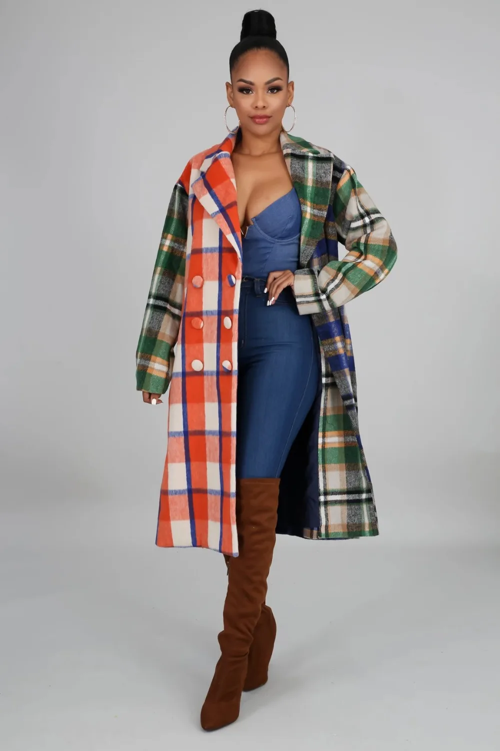 New fashion women's plaid spliced long trench coat sexy v-neck high waist sashes fashion temperament a-line trench coat