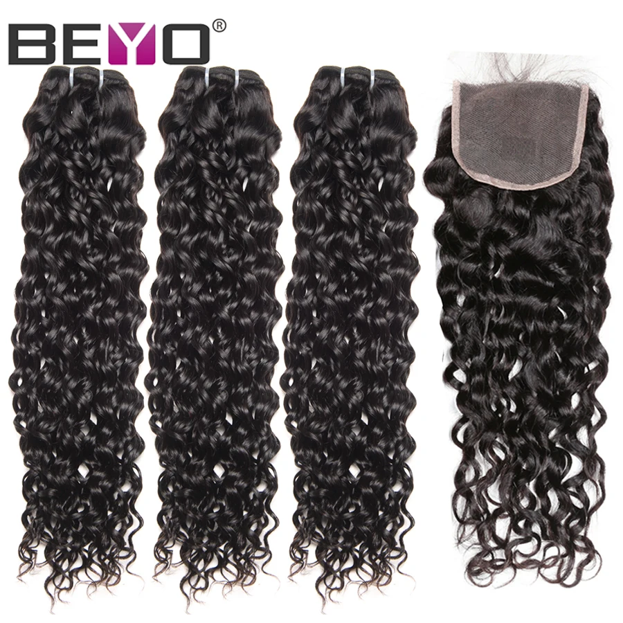 

Water Wave Bundles With Closure Brazilian Hair Weave Bundles With Closure 4Pcs Human Hair Bundles With Closure NonRemy Beyo Hair