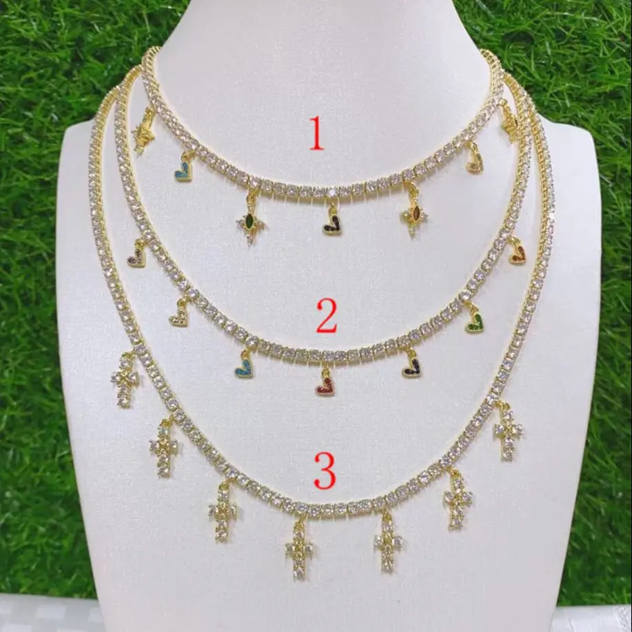 

3Pcs 2021 Popular Gold plated crystal pave chain with multi heart / cross cz charms necklace jewelry