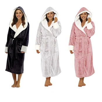 

Plush Bathrobe Women Warm Hooded Robe Ladies Casual Flannel Kimono Bath Robes Dressing Gowns Bathrobe Pijama Mujer Winter