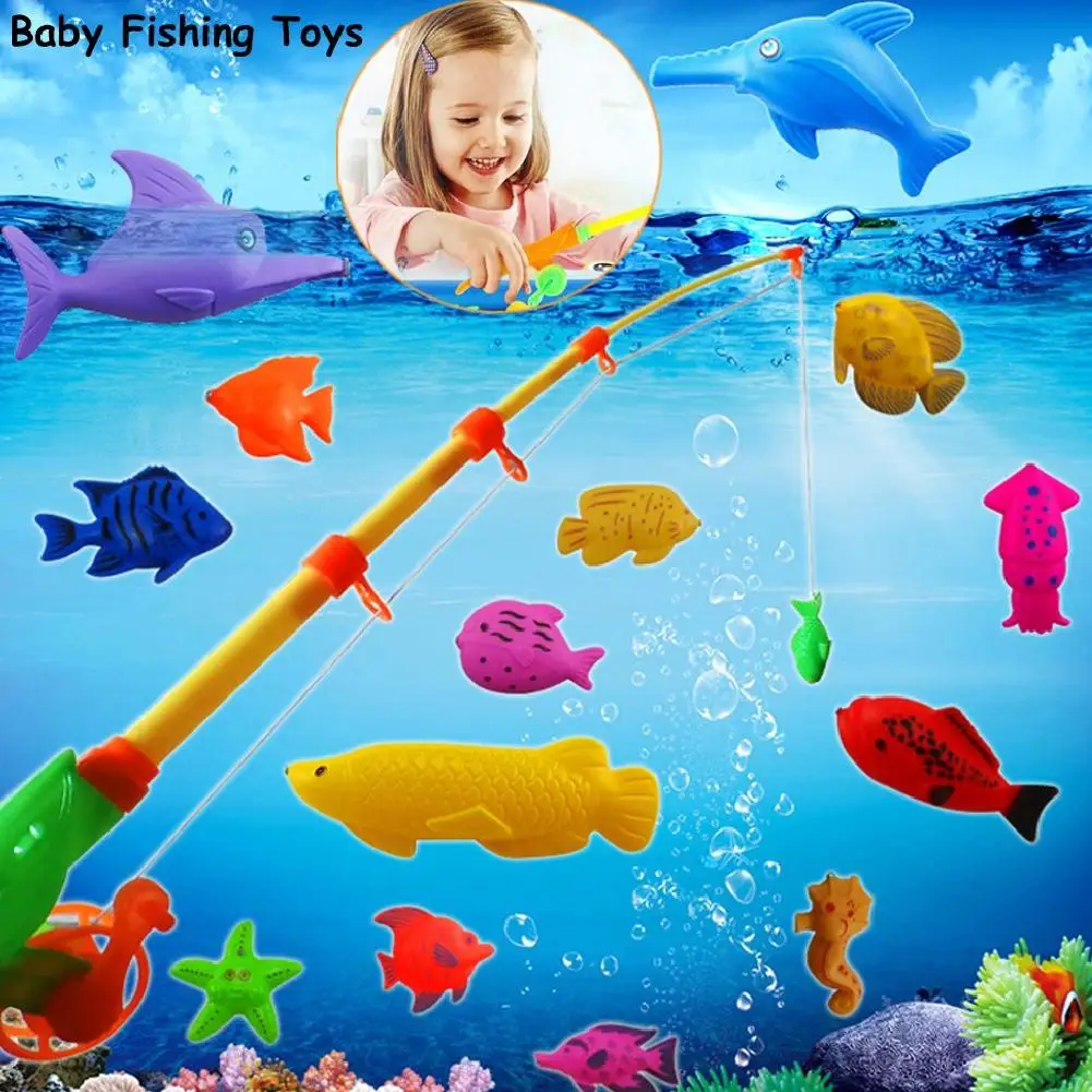 39pcs/Set New Fish Pond Game Fishing Pole Rod 3D Fish Model Baby Bath Toys Outdoor Fun
