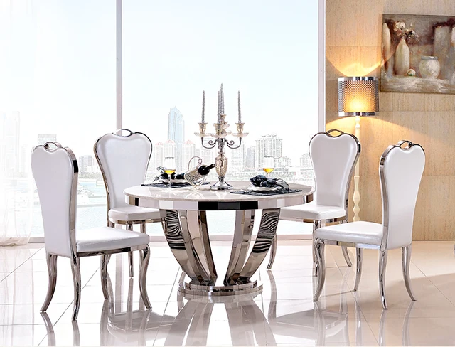 White Stainless steel Circular Dining Table Set 1