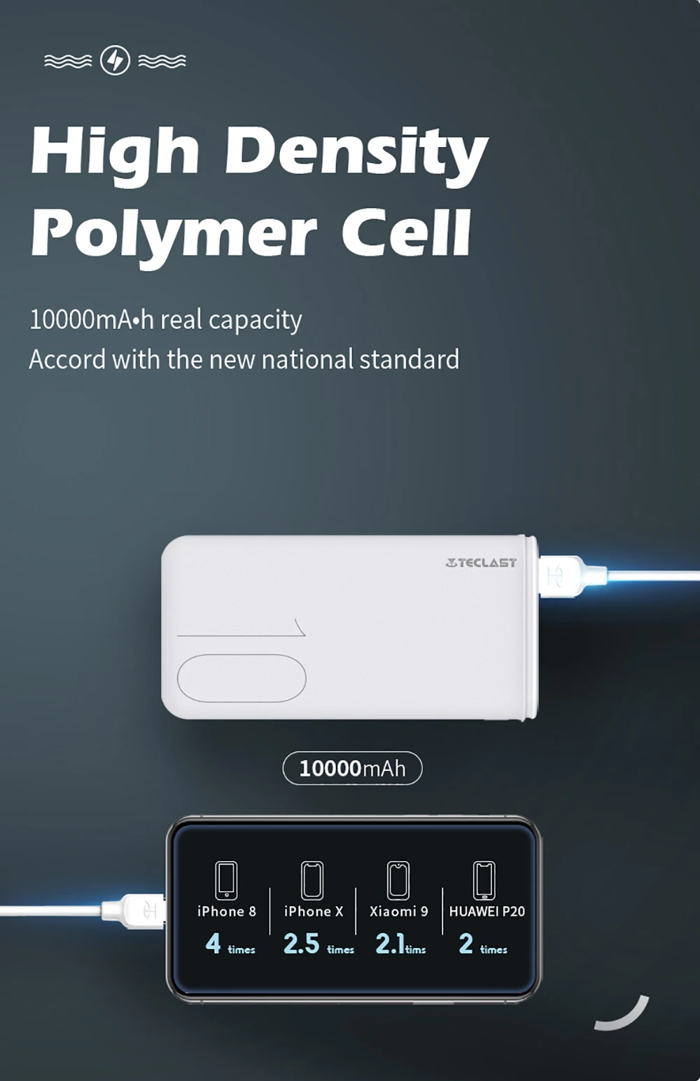 Teclast T100P-W Dual Input Power Bank New Thin 10000mAh Large Capacity High-Density Lithium Polymer Battery Safety Mobile Power power bank 30000mah